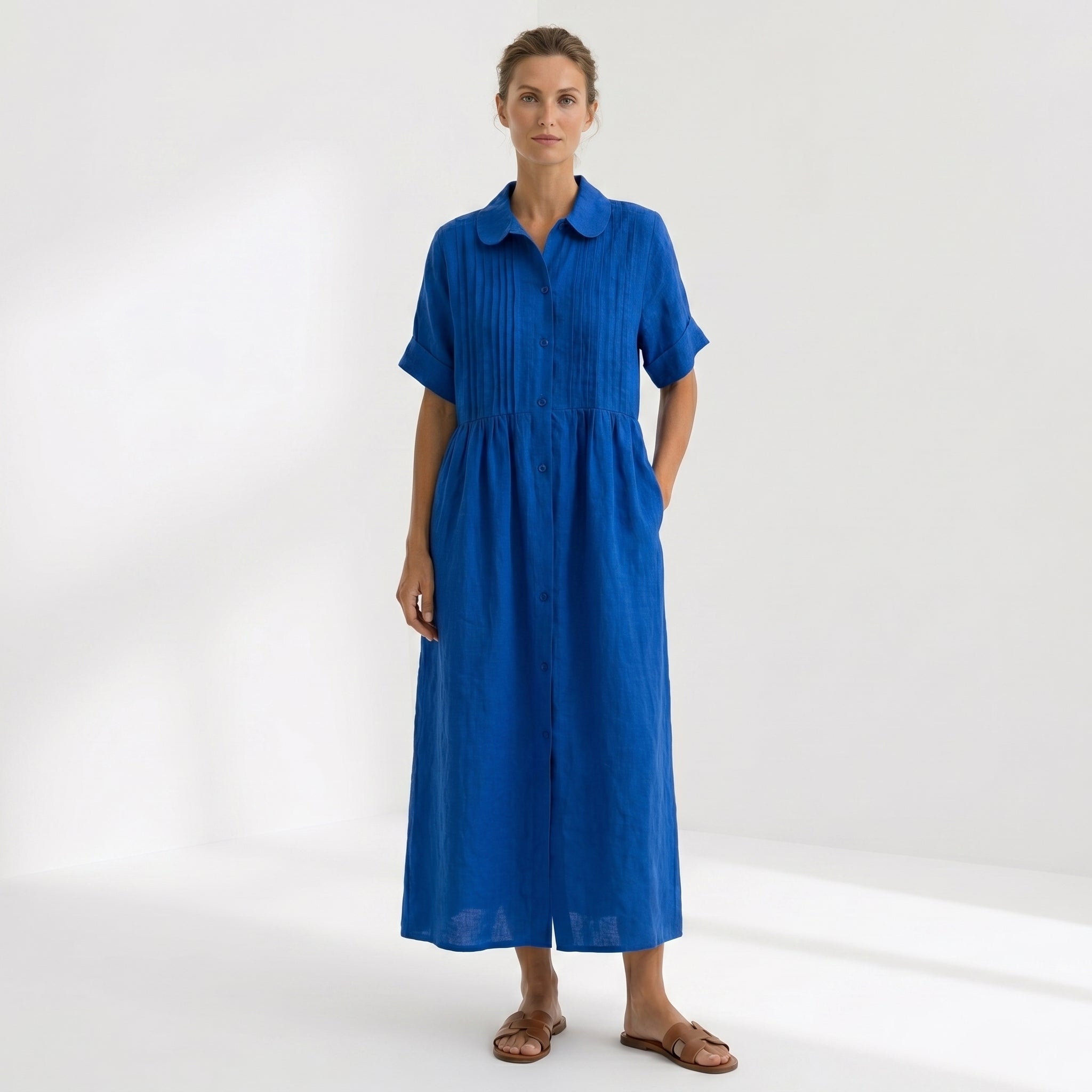 Natália - Vestido Linho Pregas e Botões