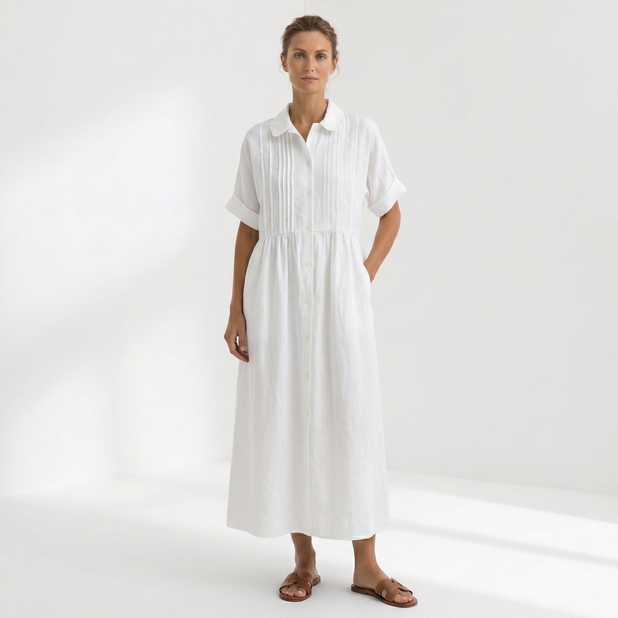 Natália - Vestido Linho Pregas e Botões