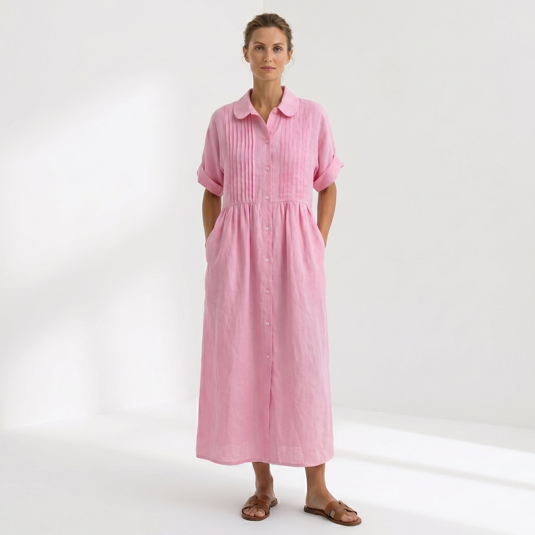Natália - Vestido Linho Pregas e Botões