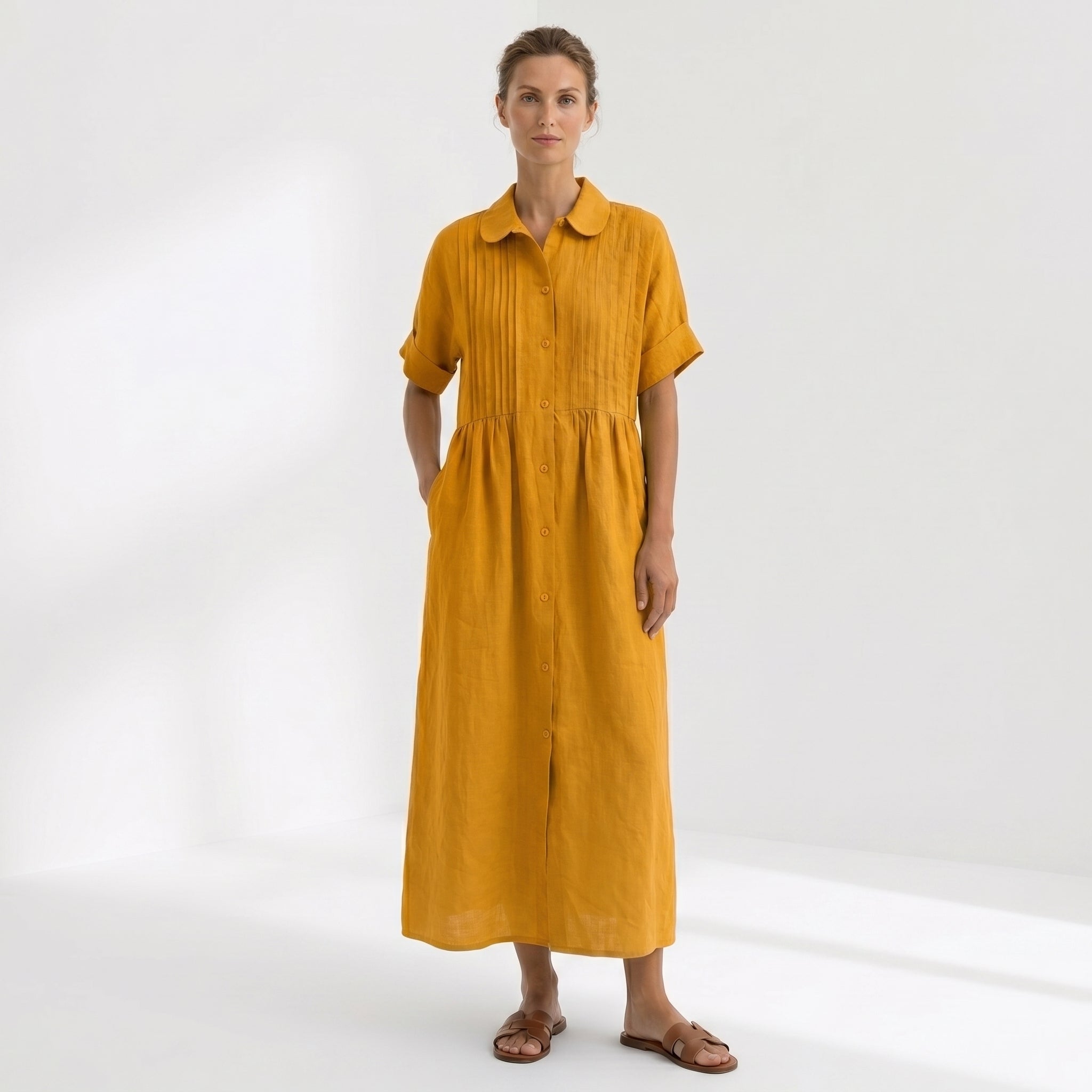 Natália - Vestido Linho Pregas e Botões