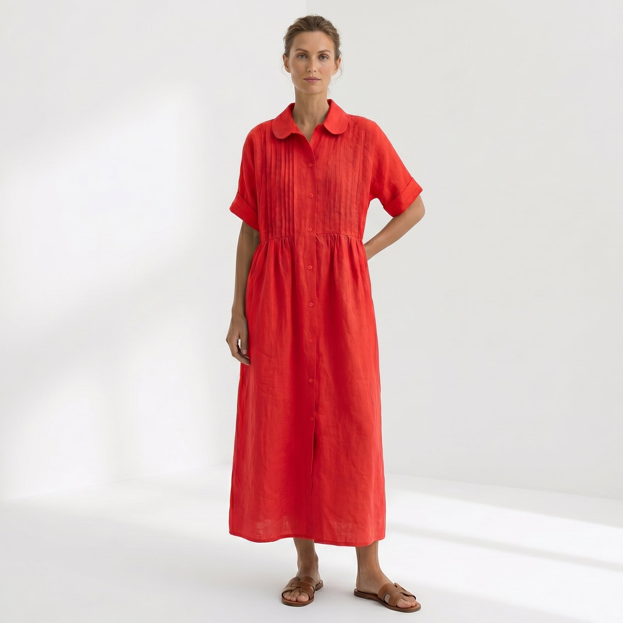Natália - Vestido Linho Pregas e Botões