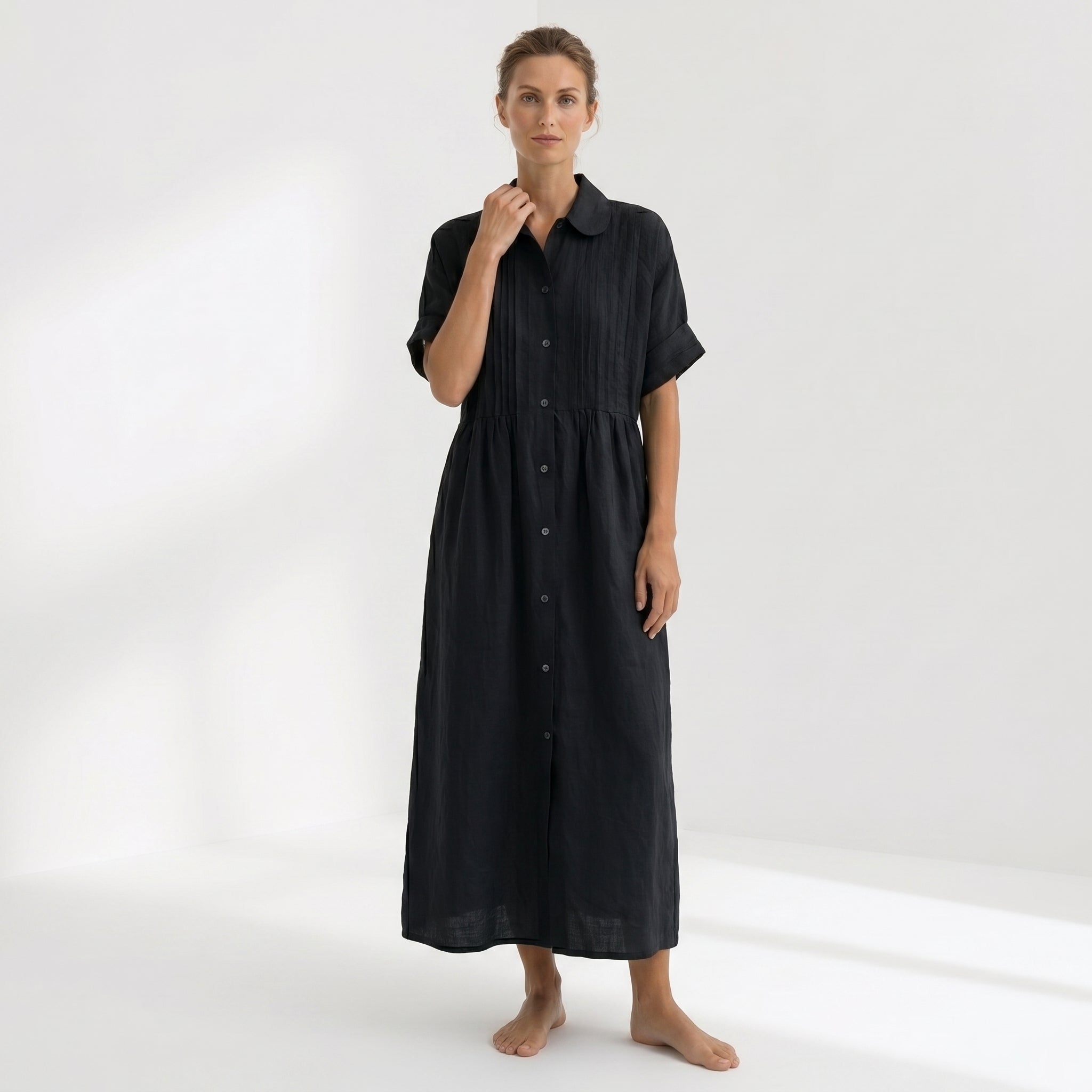 Natália - Vestido Linho Pregas e Botões