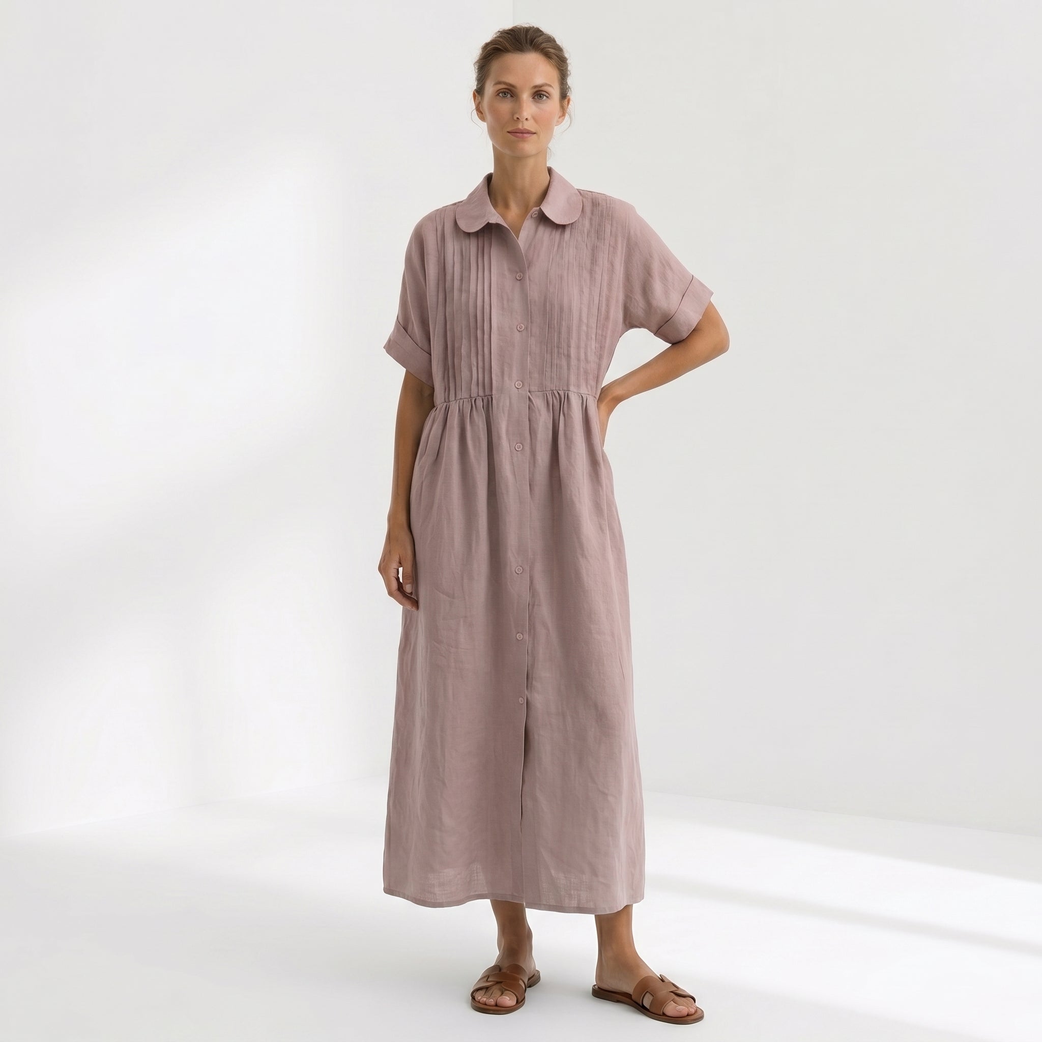 Natália - Vestido Linho Pregas e Botões