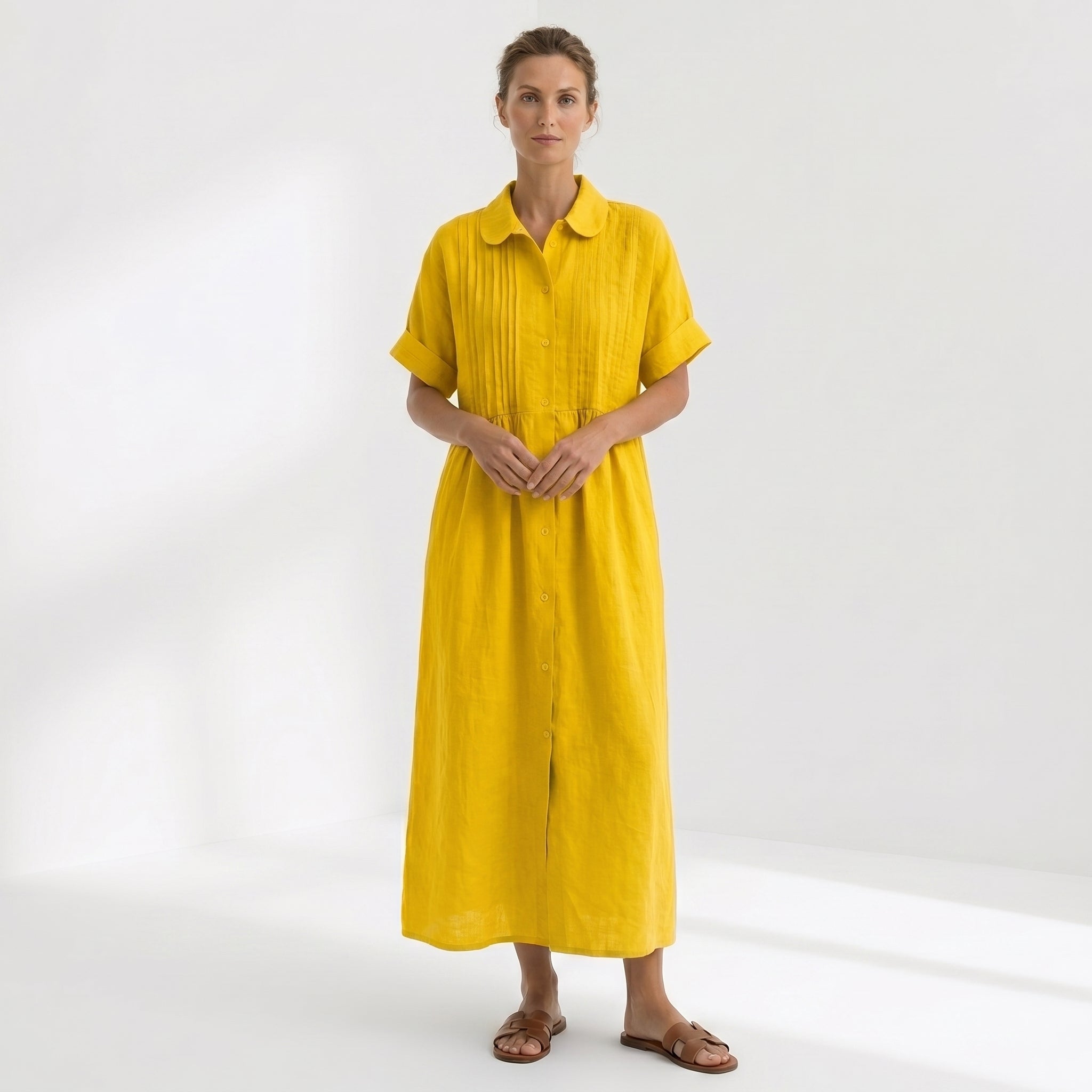 Natália - Vestido Linho Pregas e Botões