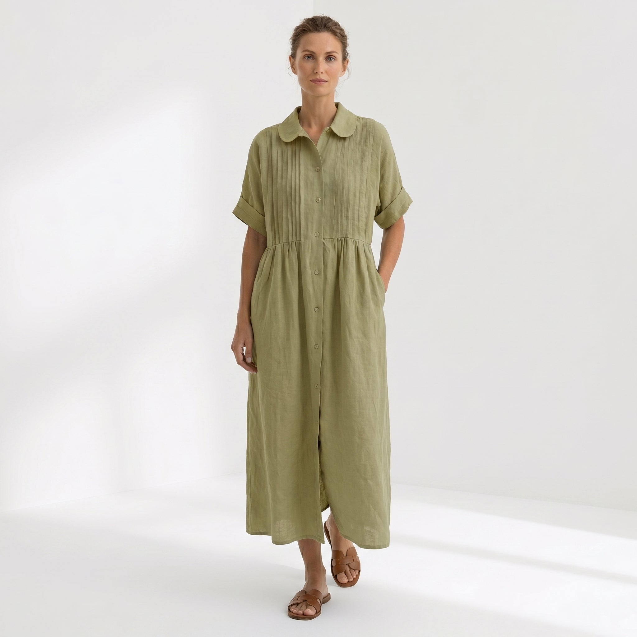Natália - Vestido Linho Pregas e Botões