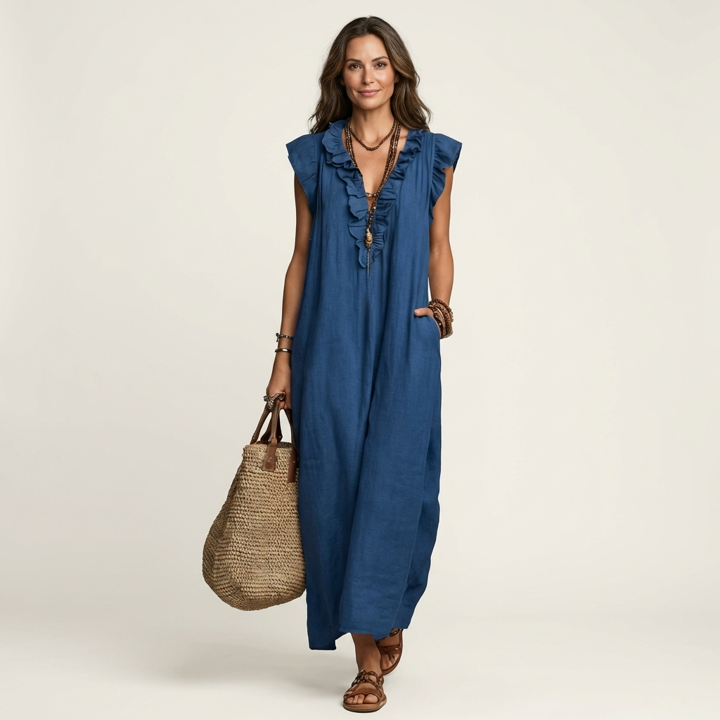 Josette | Vestido Maxi de Linho com Renda em V