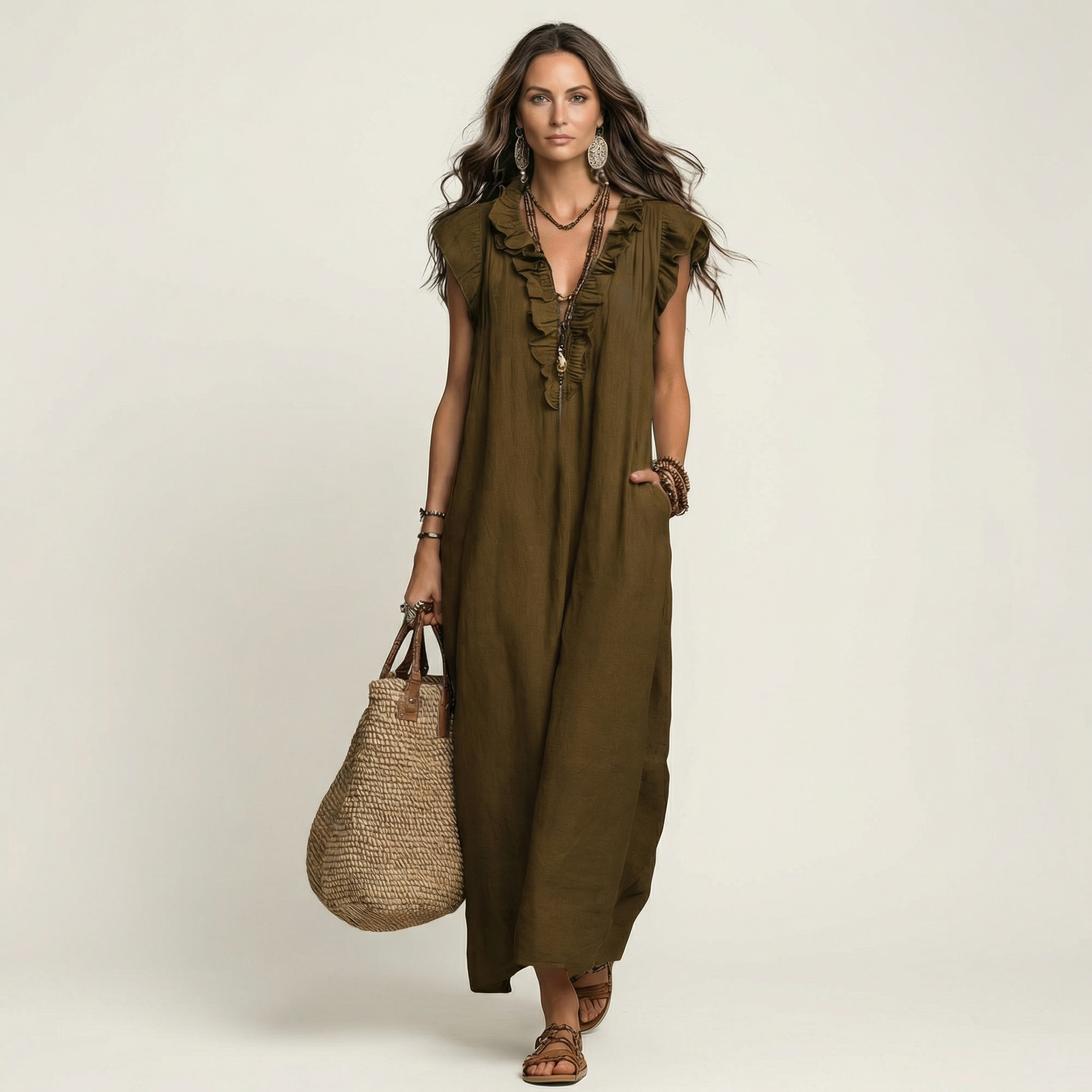 Josette | Vestido Maxi de Linho com Renda em V